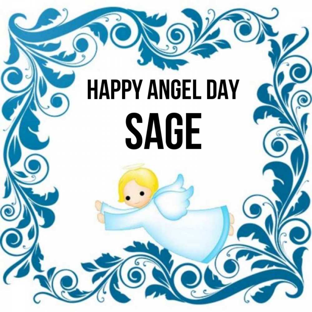 Greetings card с именем, Sage happy angel day девочка ангел и синяя рамка Greetings with text for free download 