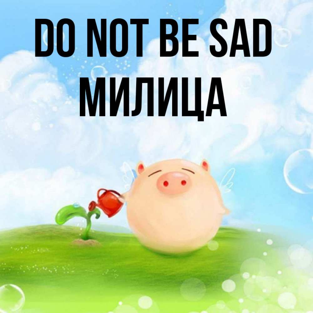 Greetings card с именем, Милица Do not be sad поливает цветок порося Greetings with text for free download 