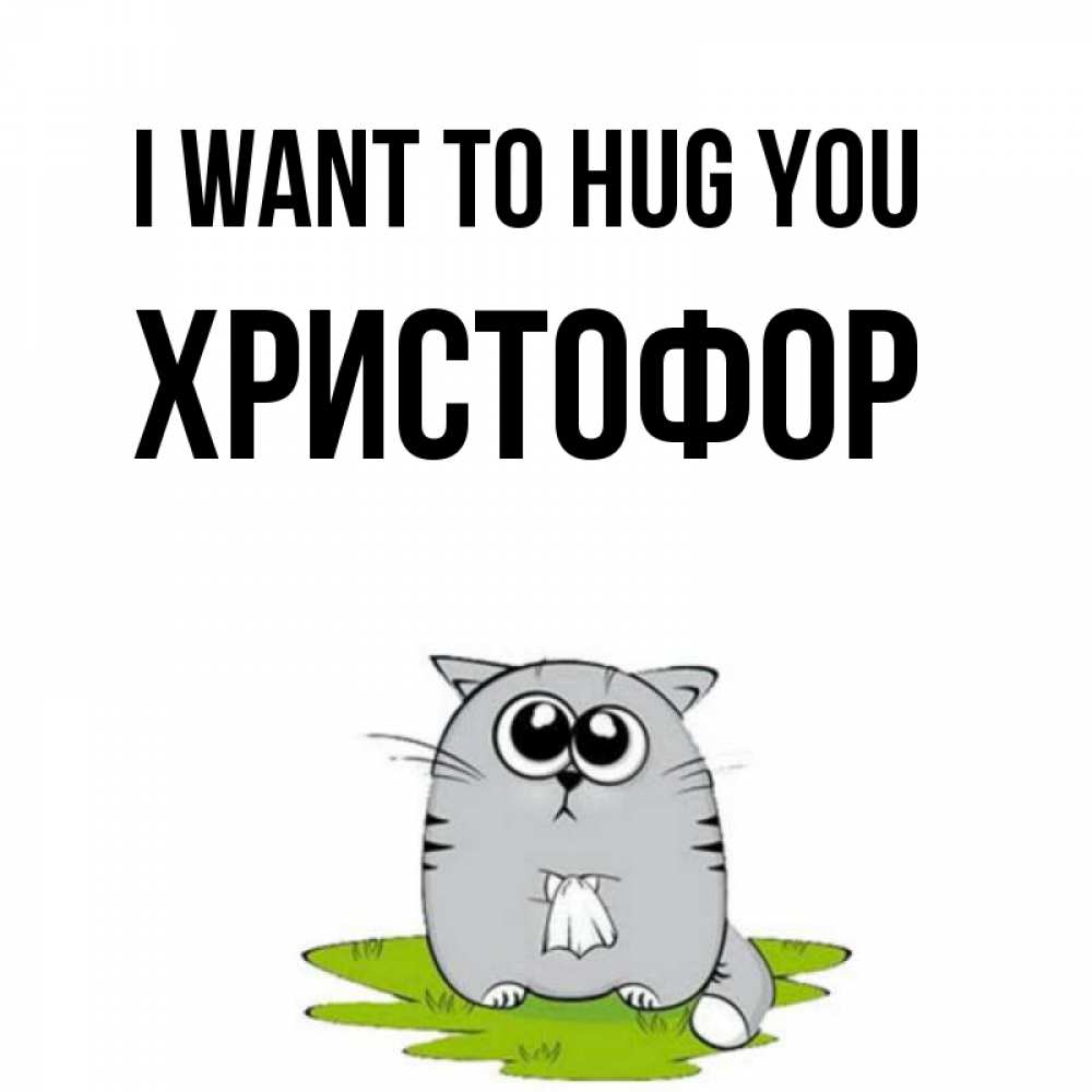 Greetings card с именем, Христофор I want to hug you котик теребит платочек сидя на травке Greetings with text for free download 