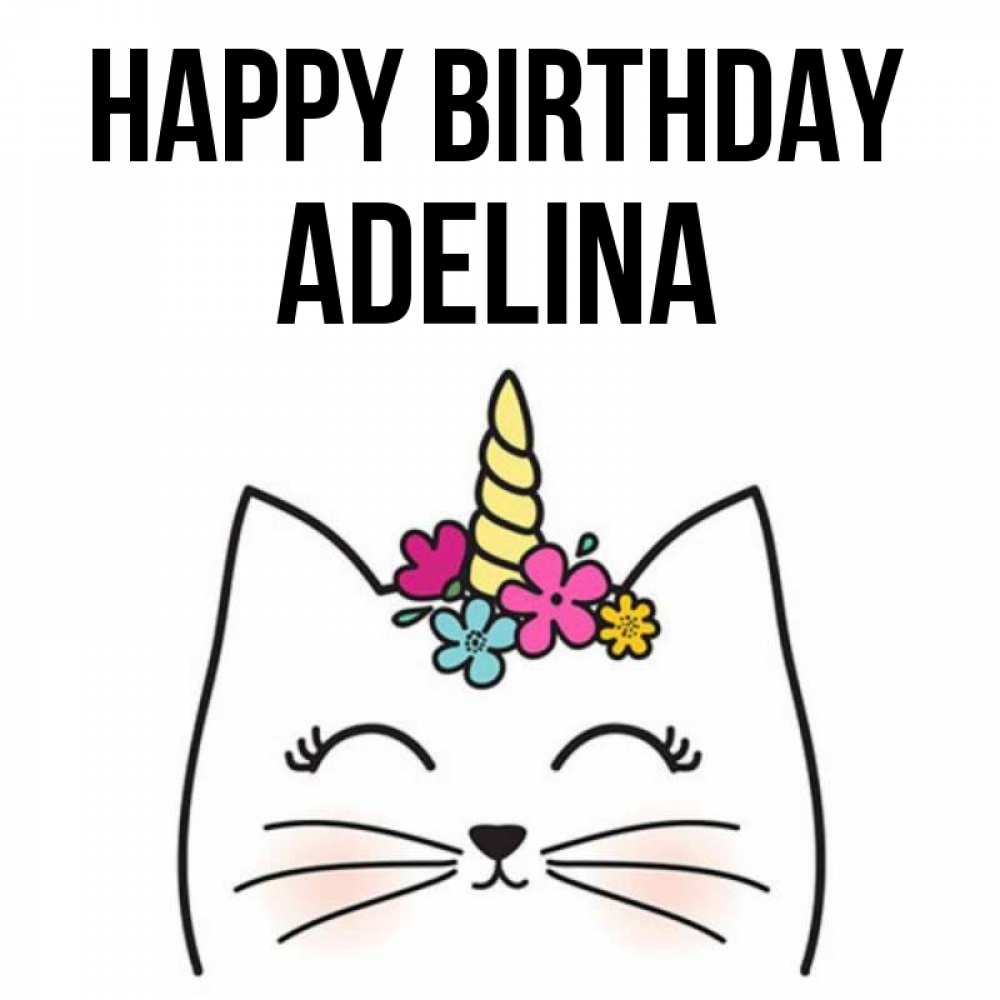 Greetings card с именем, Adelina Happy Birthday милый кот с одним рожком Greetings with text for free download 