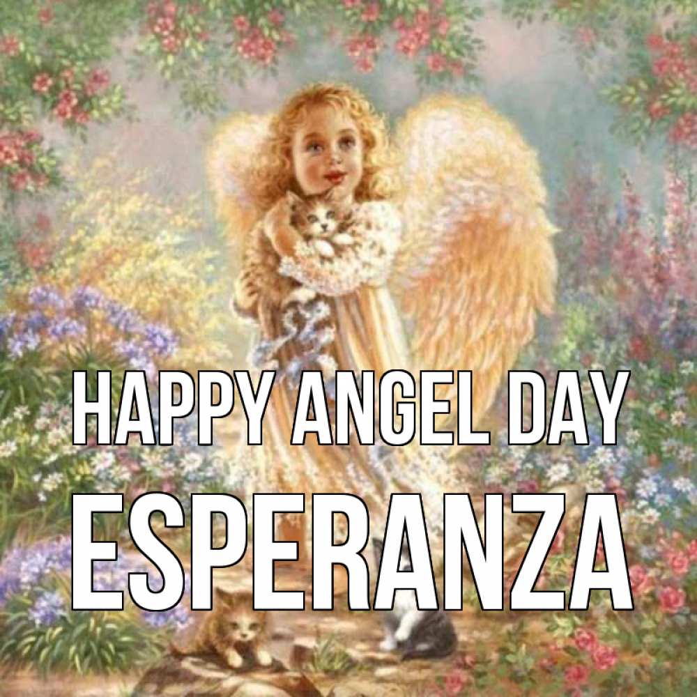 Greetings card с именем, Esperanza happy angel day держит котенка Greetings with text for free download 