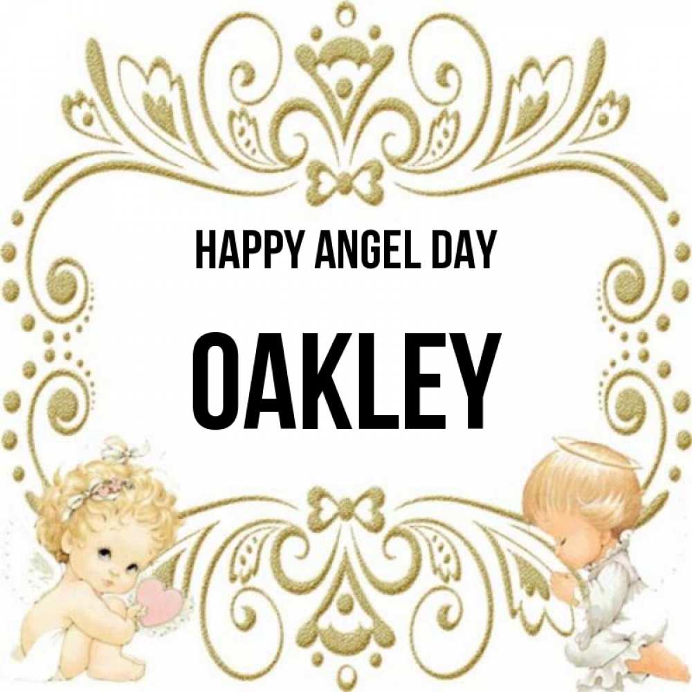 Greetings card с именем, Oakley happy angel day с именинами поздравляют два красивых ангела. Один с сердечком другой молится Greetings with text for free download 