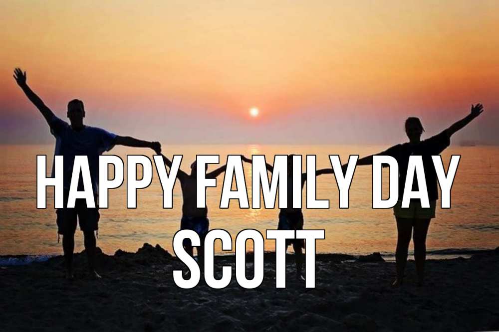 Greetings card с именем, Scott happy family day мама, папа, дети, дочка,сын, море, пляж, закат Greetings with text for free download 