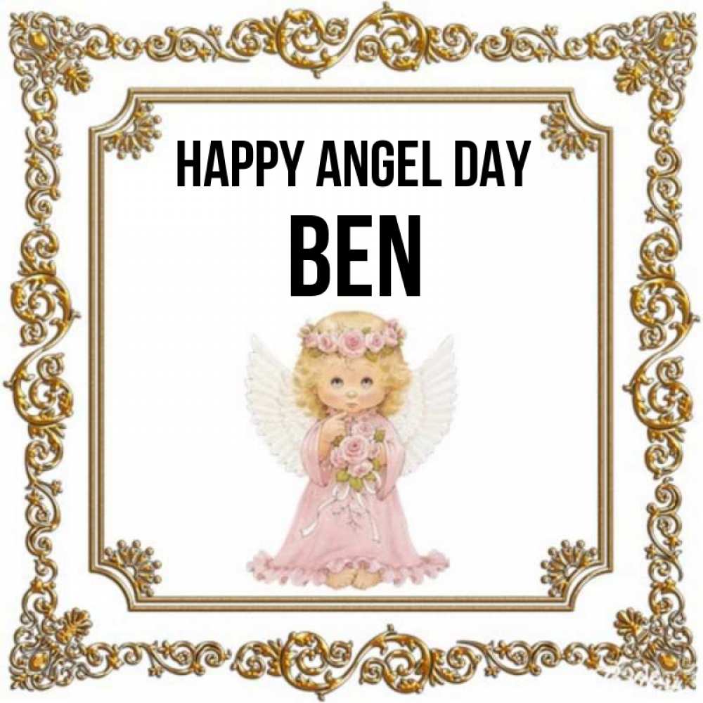 Greetings card с именем, Ben happy angel day девочка ангел с крыльями и цветами в розовом платье Greetings with text for free download 