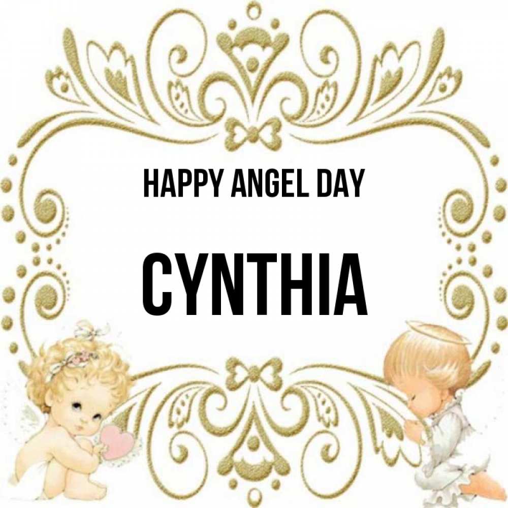 Greetings card с именем, Cynthia happy angel day с именинами поздравляют два красивых ангела. Один с сердечком другой молится Greetings with text for free download 