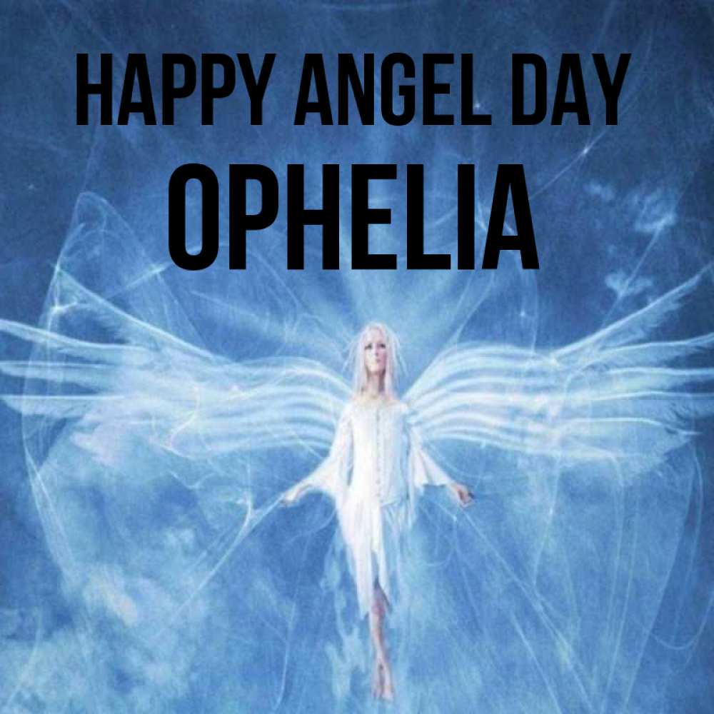 Greetings card с именем, Ophelia happy angel day голубой фон и крылья как у стрекозы Greetings with text for free download 