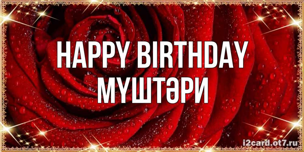 Greetings card с именем, МҮШТӘРИ Happy Birthday роса на розе блестящая в лучах солнца Greetings with text for free download 