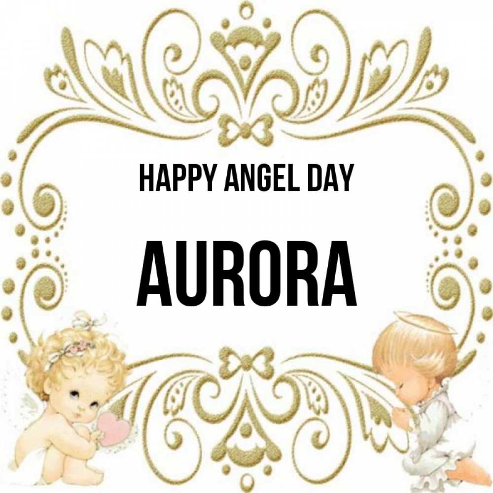 Greetings card с именем, Aurora happy angel day с именинами поздравляют два красивых ангела. Один с сердечком другой молится Greetings with text for free download 