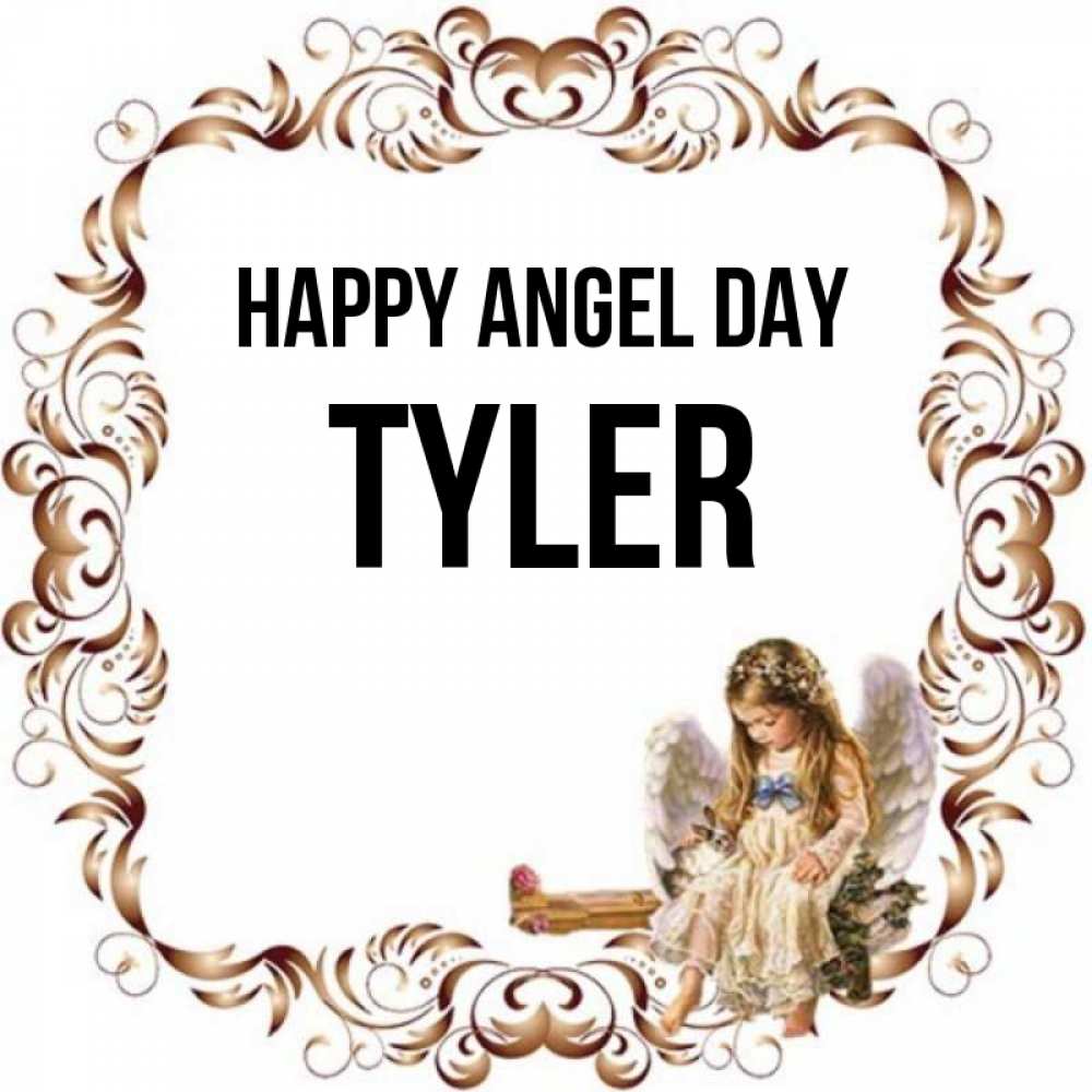 Greetings card с именем, Tyler happy angel day рамочка из перьев и ангелочек Greetings with text for free download 