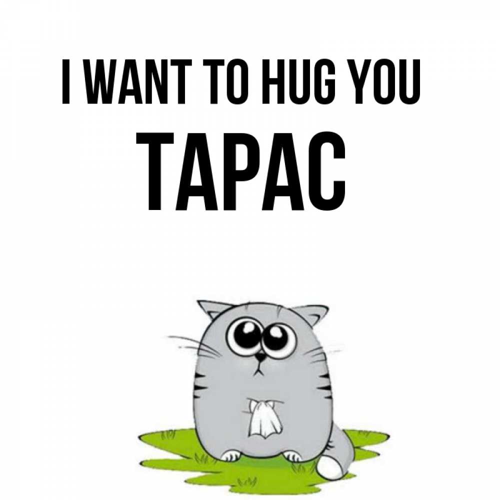 Greetings card с именем, Тарас I want to hug you котик теребит платочек сидя на травке Greetings with text for free download 