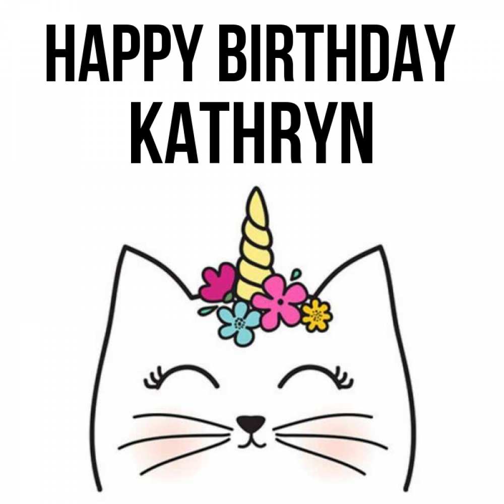 Greetings card с именем, Kathryn Happy Birthday милый кот с одним рожком Greetings with text for free download 