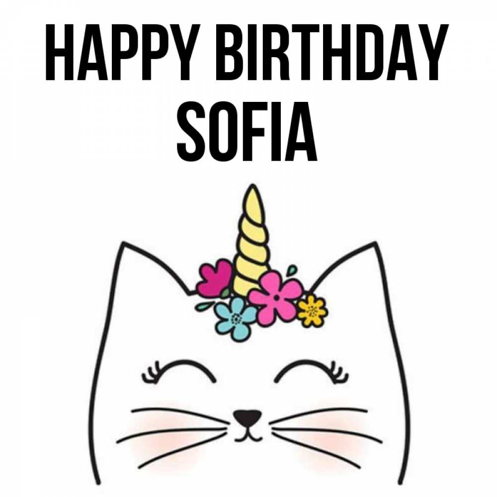 Greetings card с именем, Sofia Happy Birthday милый кот с одним рожком Greetings with text for free download 