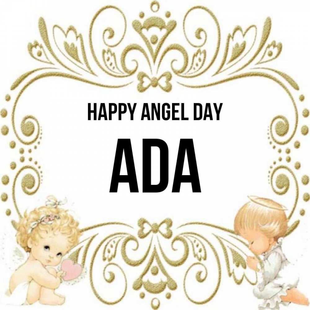 Greetings card с именем, Ada happy angel day с именинами поздравляют два красивых ангела. Один с сердечком другой молится Greetings with text for free download 