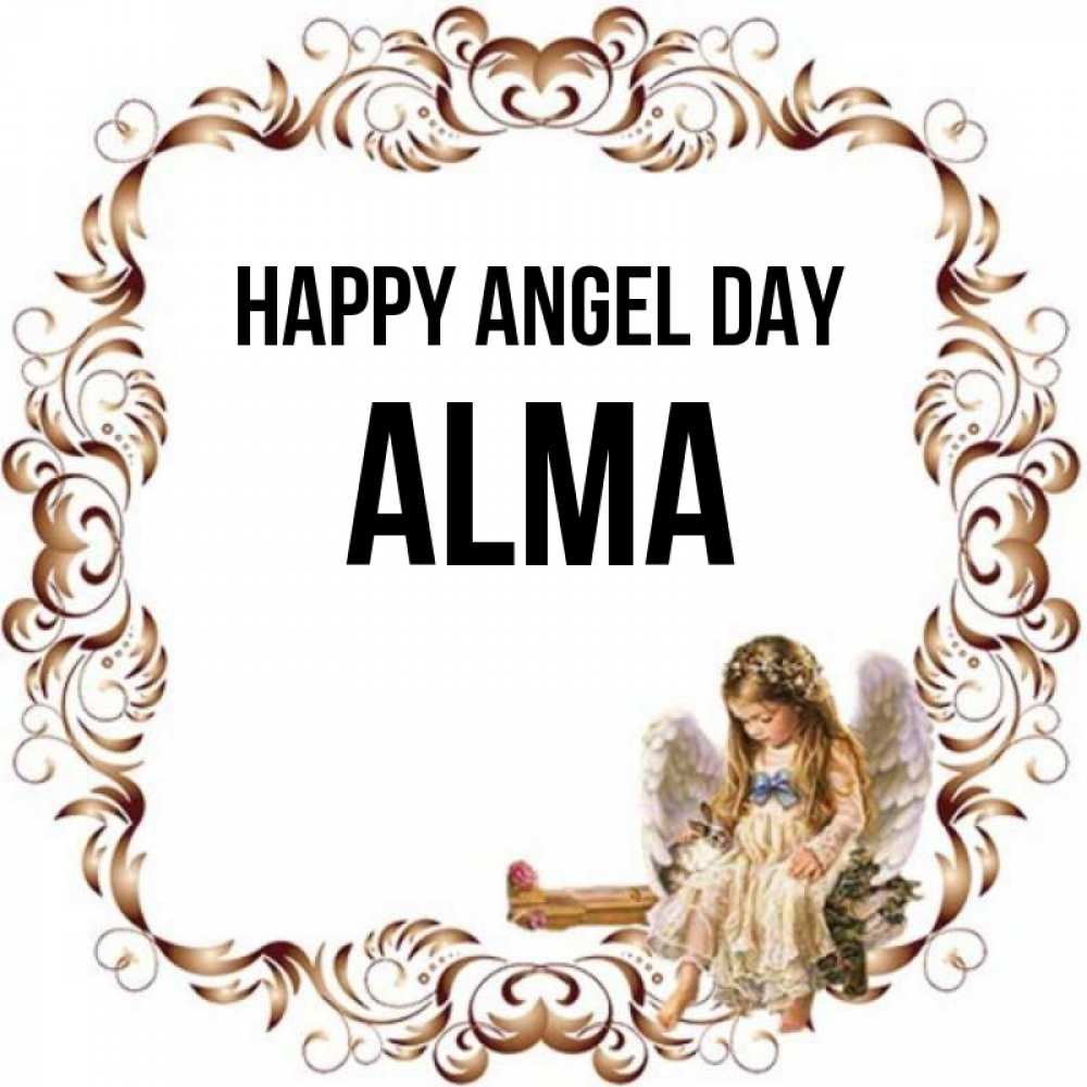 Greetings card с именем, Alma happy angel day рамочка из перьев и ангелочек Greetings with text for free download 