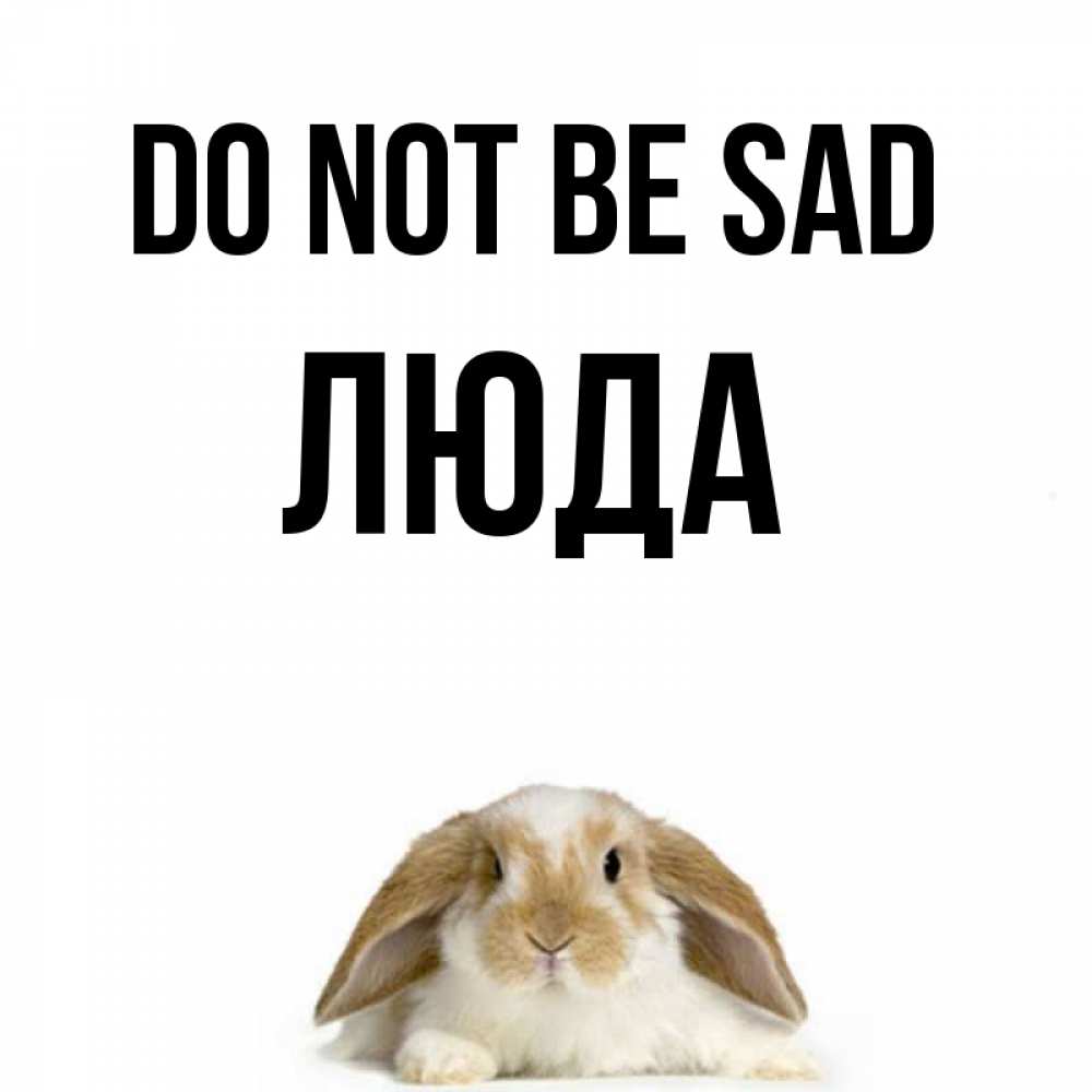 Greetings card с именем, Люда Do not be sad коричнево белый заяц с большими ушками Greetings with text for free download 