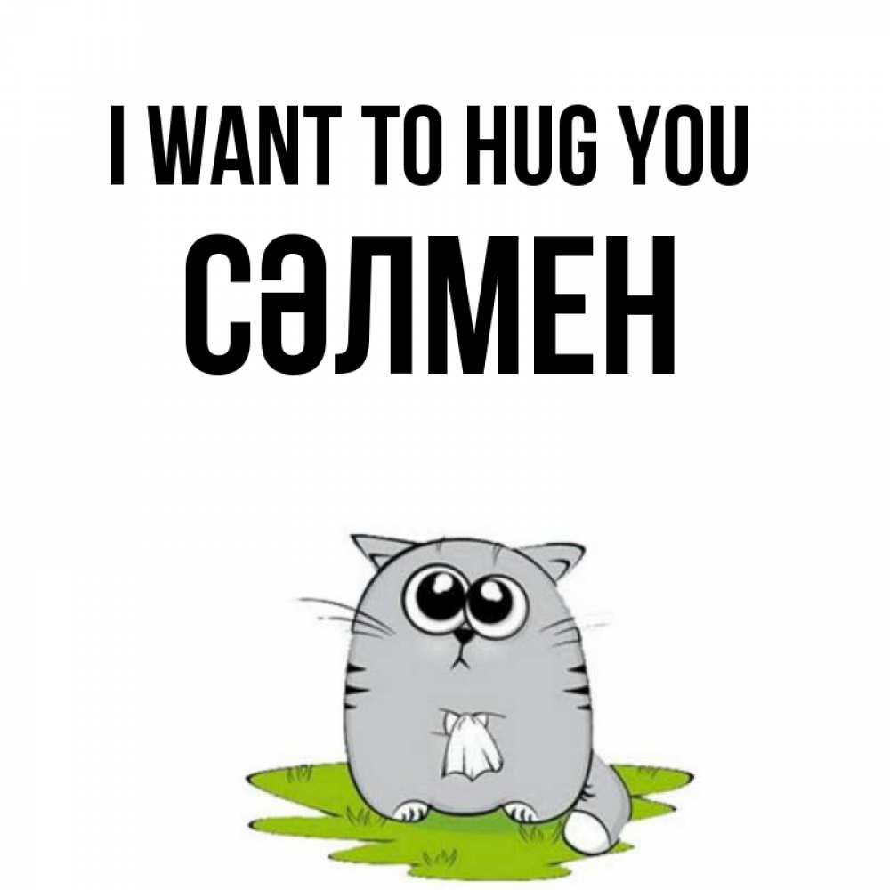 Greetings card с именем, СӘЛМЕН I want to hug you котик теребит платочек сидя на травке Greetings with text for free download 