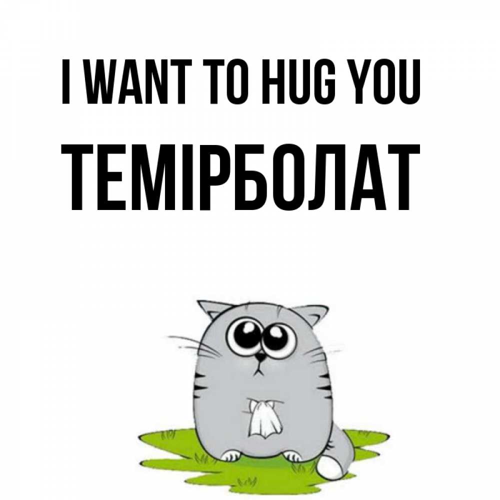 Greetings card с именем, ТЕМІРБОЛАТ I want to hug you котик теребит платочек сидя на травке Greetings with text for free download 