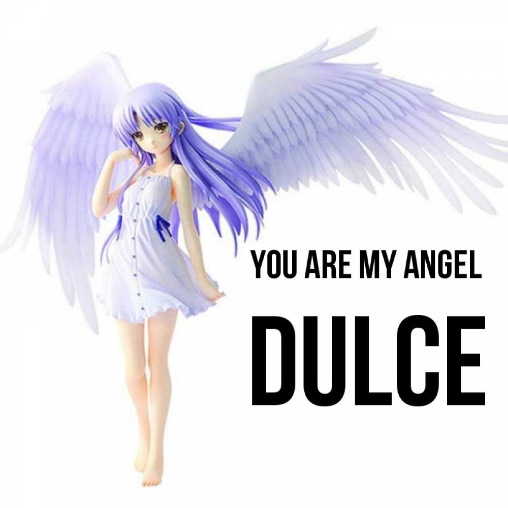 Greetings card с именем, Dulce You are my angel девушка ангел с фиолетовыми крыльями Greetings with text for free download 