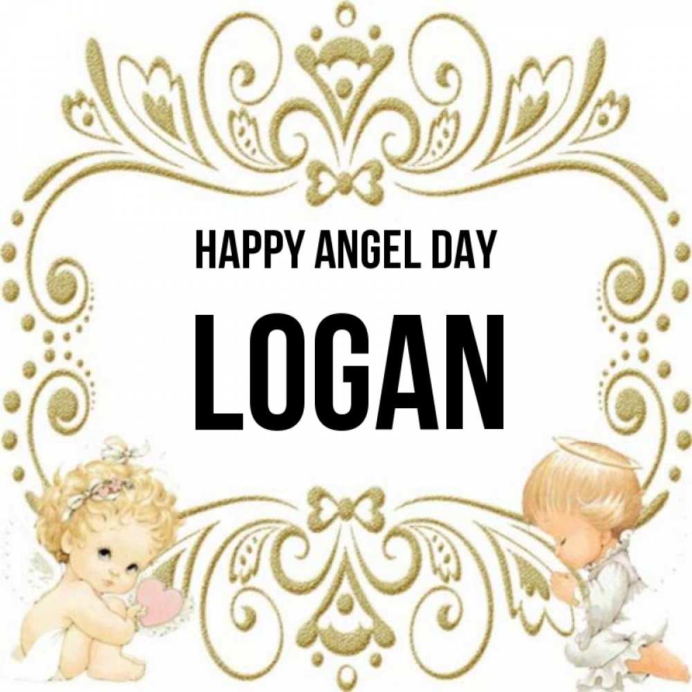 Greetings card с именем, Logan happy angel day с именинами поздравляют два красивых ангела. Один с сердечком другой молится Greetings with text for free download 