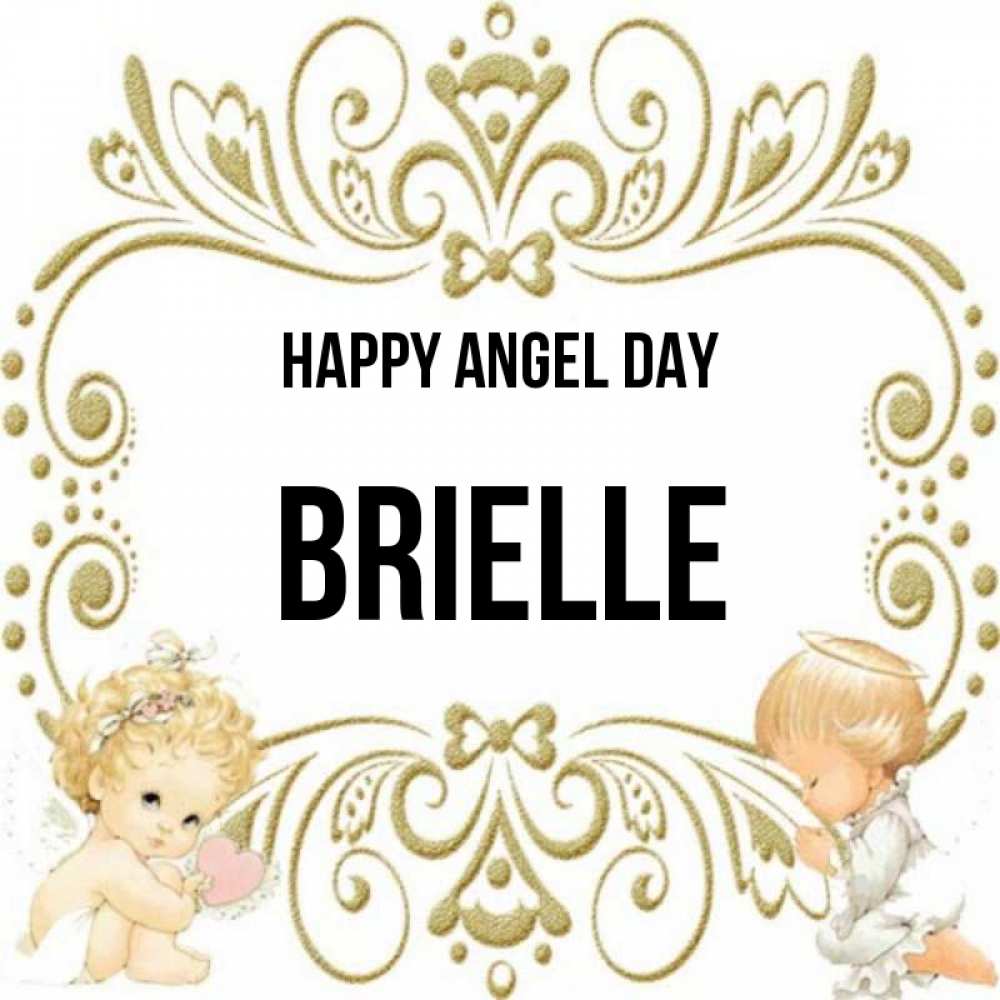 Greetings card с именем, Brielle happy angel day с именинами поздравляют два красивых ангела. Один с сердечком другой молится Greetings with text for free download 