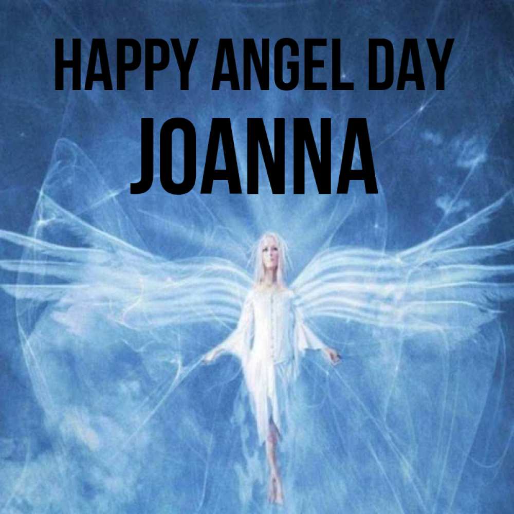 Greetings card с именем, Joanna happy angel day голубой фон и крылья как у стрекозы Greetings with text for free download 
