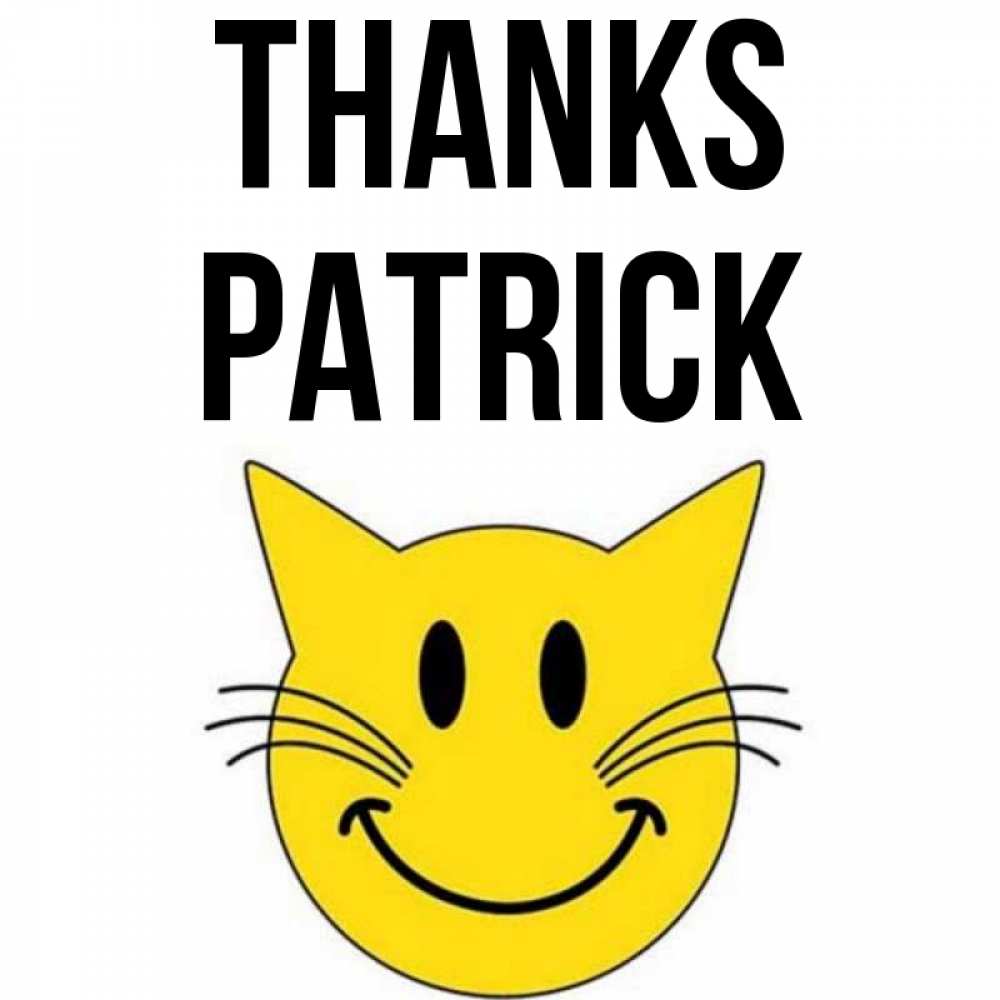 Greetings card с именем, Patrick Thanks улыбающийся смайл кот Greetings with text for free download 