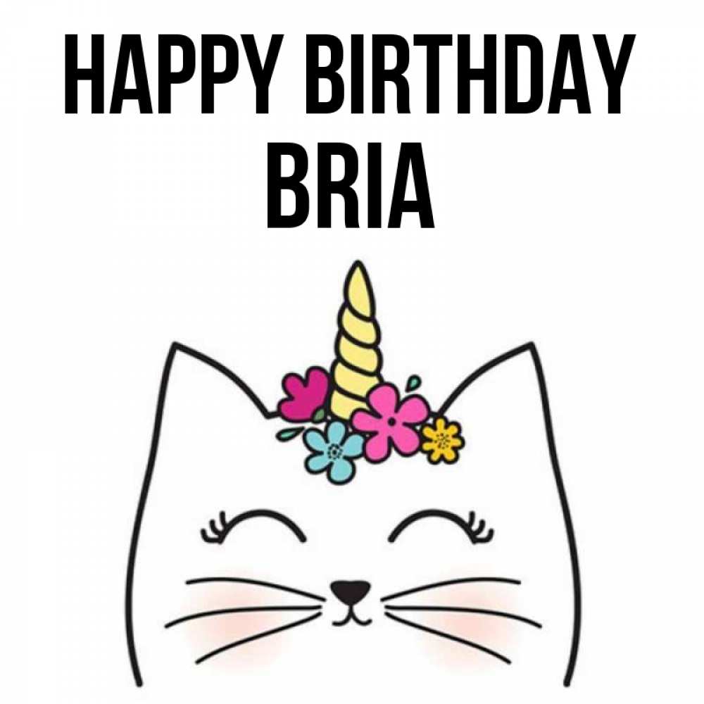 Greetings card с именем, Bria Happy Birthday милый кот с одним рожком Greetings with text for free download 