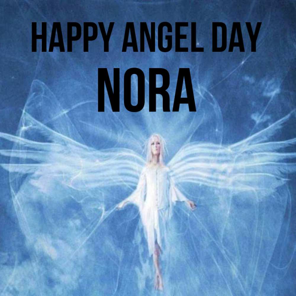 Greetings card с именем, Nora happy angel day голубой фон и крылья как у стрекозы Greetings with text for free download 