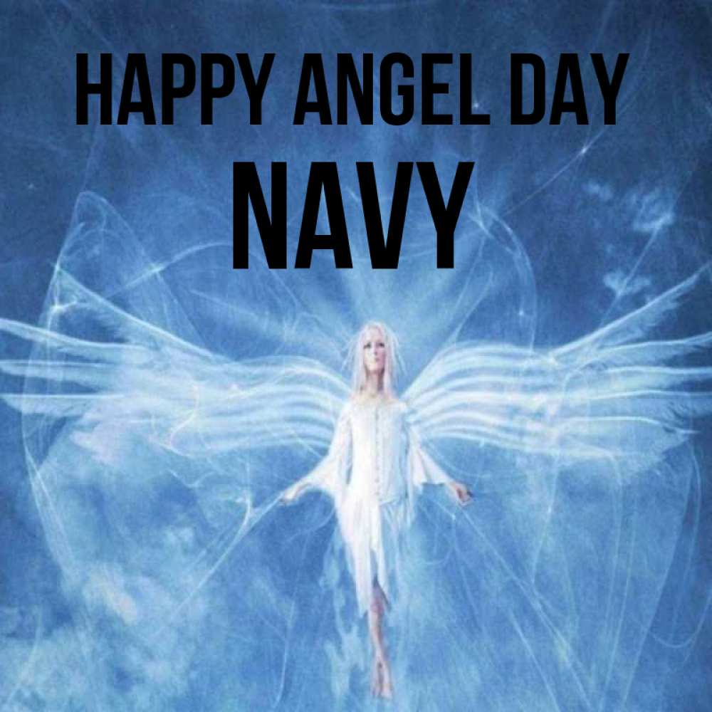 Greetings card с именем, Navy happy angel day голубой фон и крылья как у стрекозы Greetings with text for free download 
