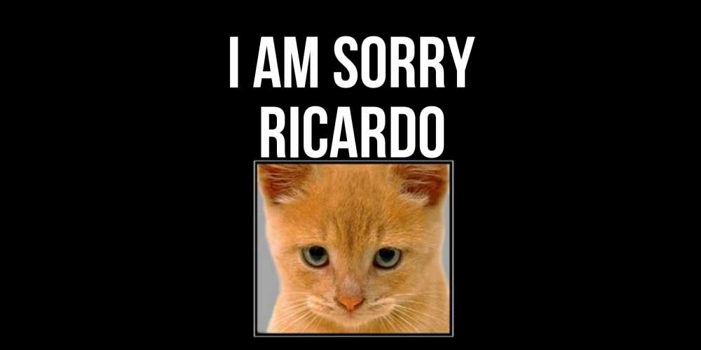 Greetings card с именем, Ricardo I am sorry рыжий грустный кот просит прощения Greetings with text for free download 
