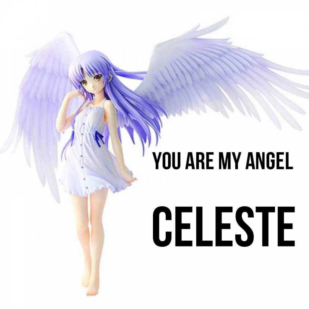 Greetings card с именем, Celeste You are my angel девушка ангел с фиолетовыми крыльями Greetings with text for free download 