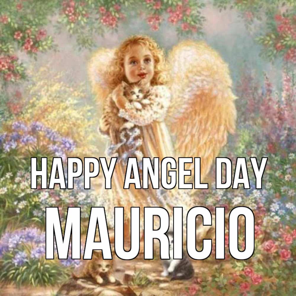 Greetings card с именем, Mauricio happy angel day держит котенка Greetings with text for free download 