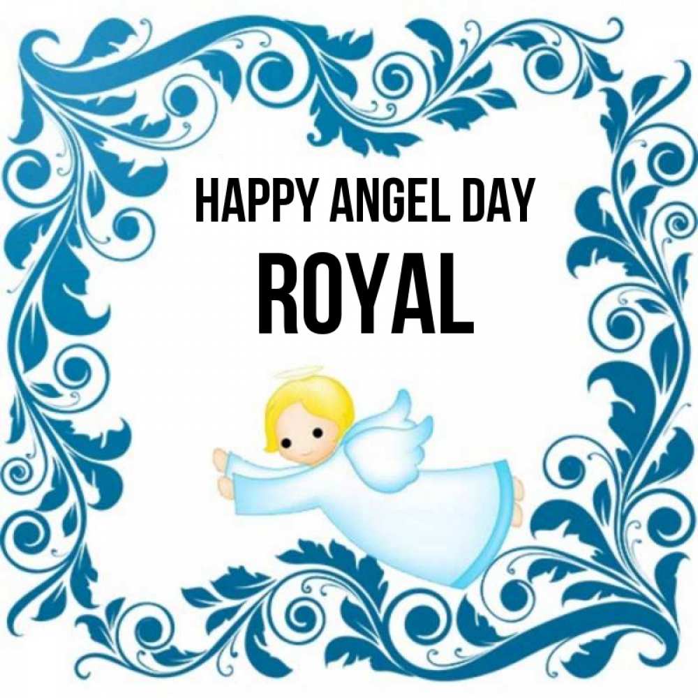 Greetings card с именем, Royal happy angel day девочка ангел и синяя рамка Greetings with text for free download 