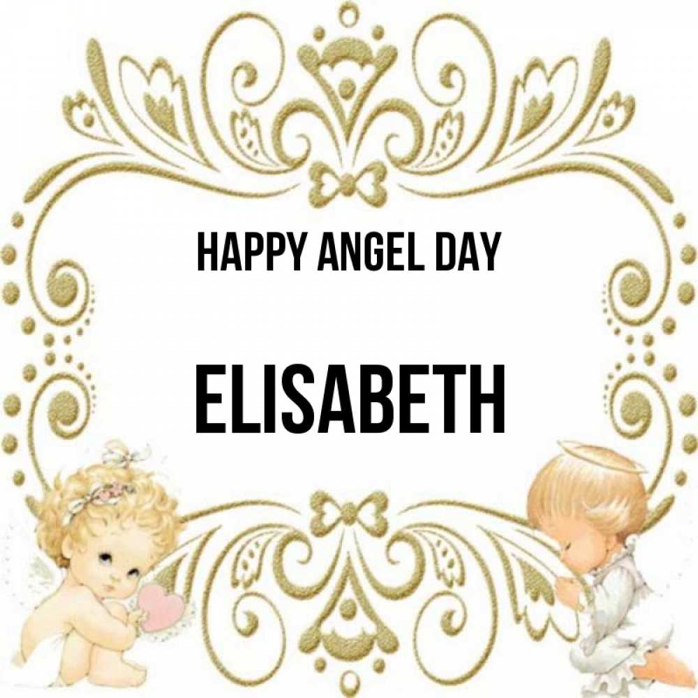 Greetings card с именем, Elisabeth happy angel day с именинами поздравляют два красивых ангела. Один с сердечком другой молится Greetings with text for free download 