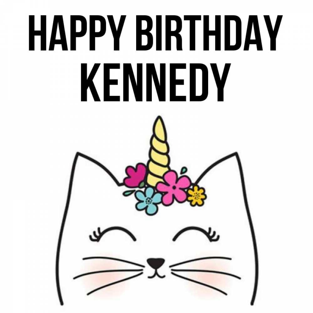 Greetings card с именем, Kennedy Happy Birthday милый кот с одним рожком Greetings with text for free download 