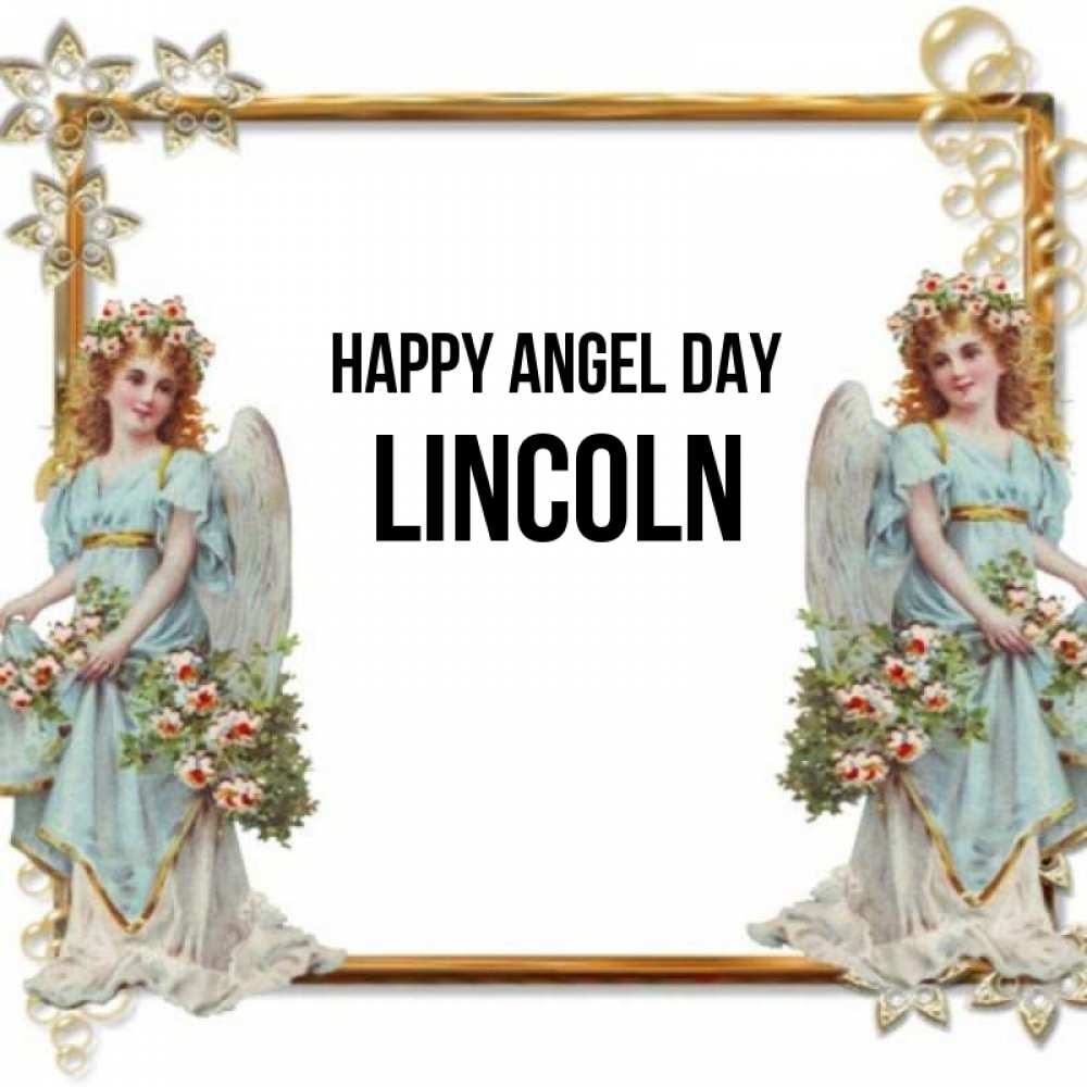 Greetings card с именем, Lincoln happy angel day рамочка из золота и ангелы Greetings with text for free download 