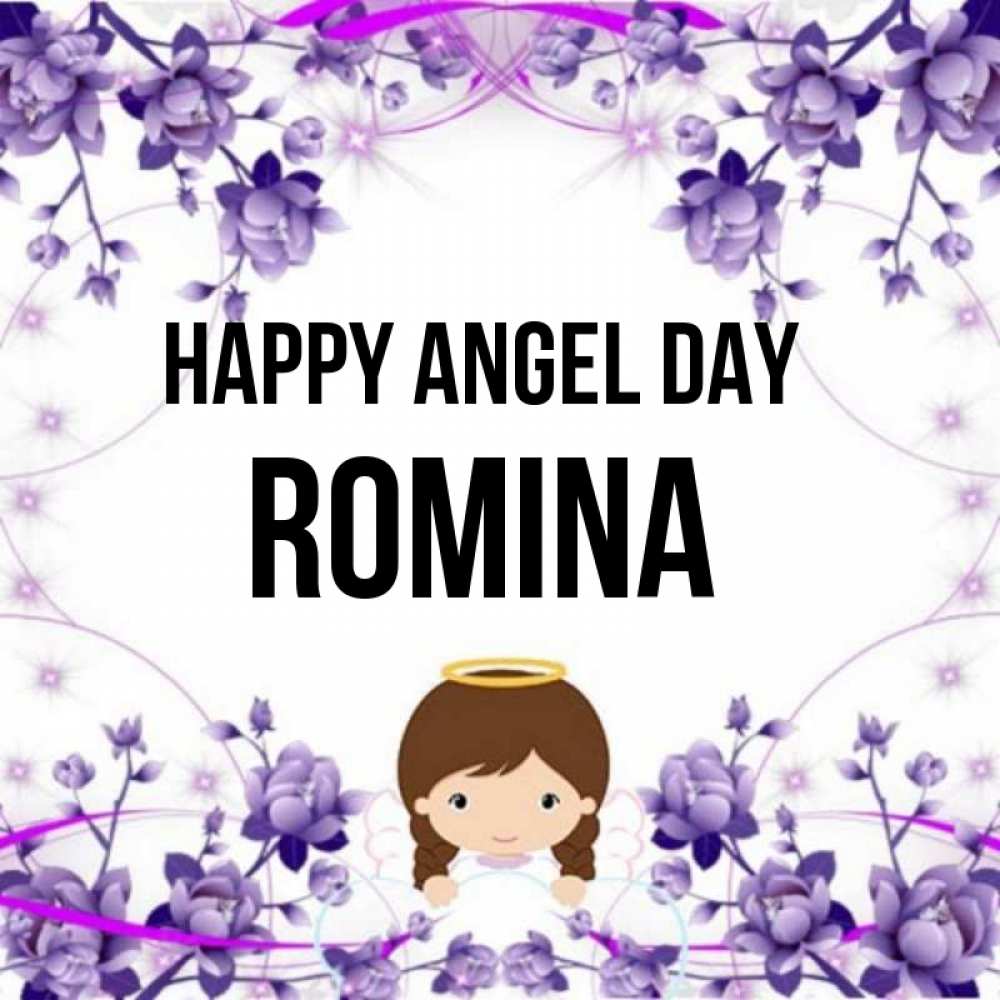 Greetings card с именем, Romina happy angel day с именинами в рамочке Greetings with text for free download 