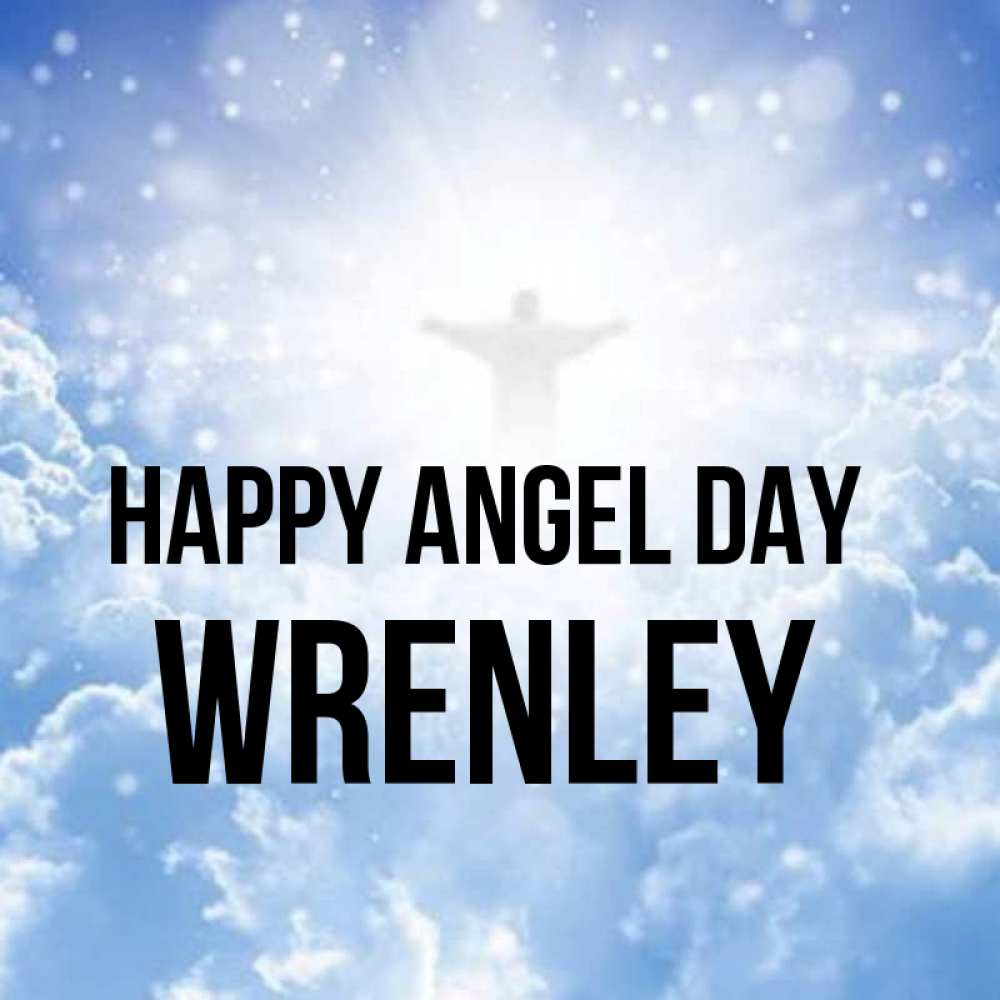 Greetings card с именем, Wrenley happy angel day ангел на облаках в свете солнца Greetings with text for free download 