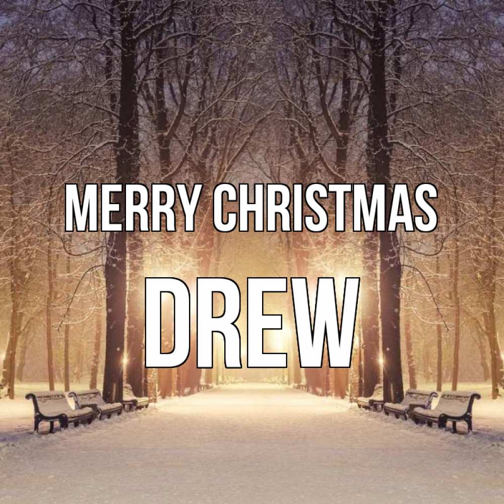 Greetings card с именем, Drew Merry Christmas зима, парк, фонарь, лес Greetings with text for free download 