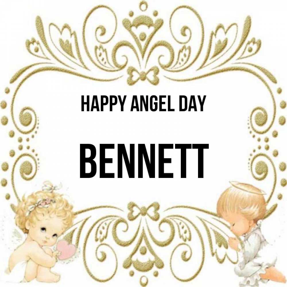 Greetings card с именем, Bennett happy angel day с именинами поздравляют два красивых ангела. Один с сердечком другой молится Greetings with text for free download 