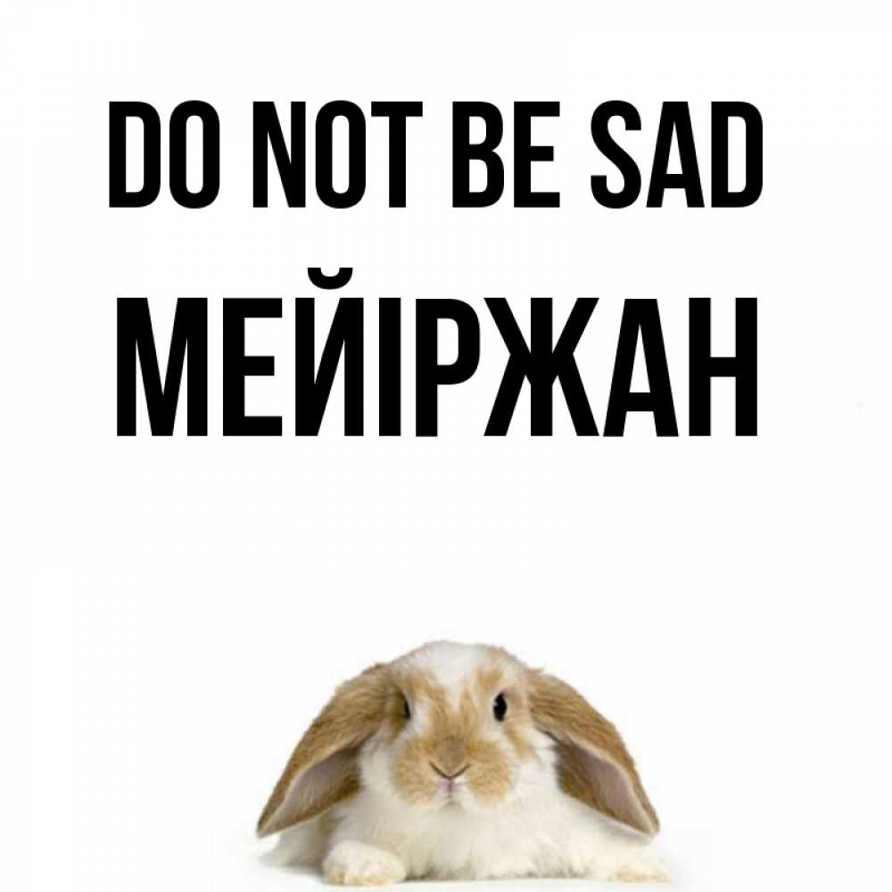 Greetings card с именем, МЕЙІРЖАН Do not be sad коричнево белый заяц с большими ушками Greetings with text for free download 