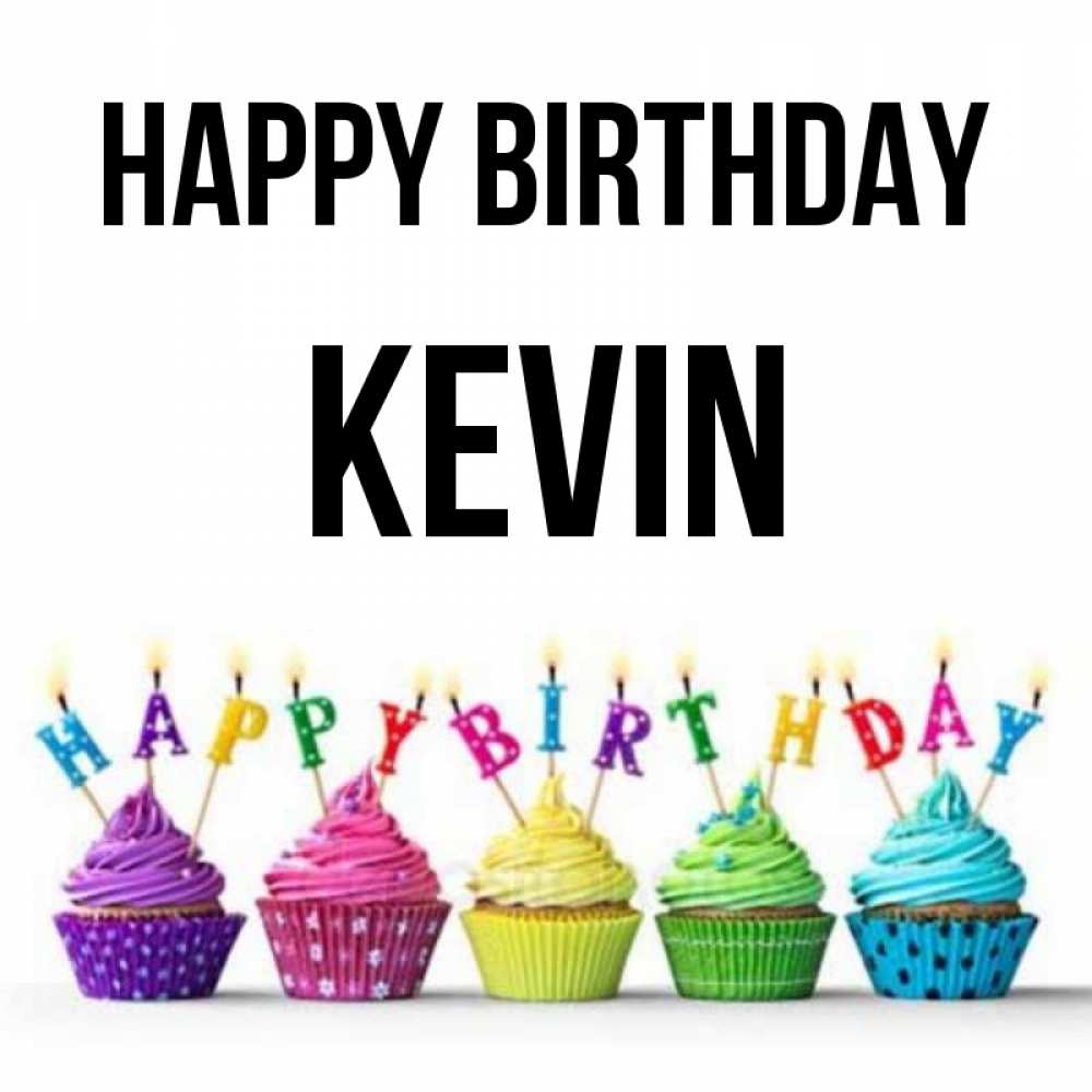 Greetings card с именем, Kevin Happy Birthday открытка ко дню рождения с разноцветными вкусняшками Greetings with text for free download 