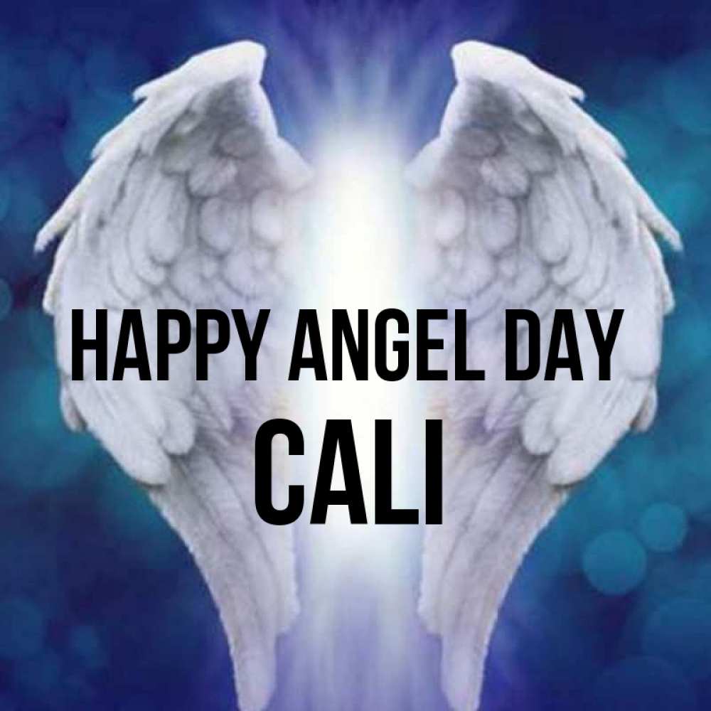 Greetings card с именем, Cali happy angel day синий фон и крылышки Greetings with text for free download 