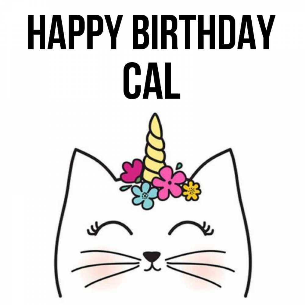 Greetings card с именем, Cal Happy Birthday милый кот с одним рожком Greetings with text for free download 