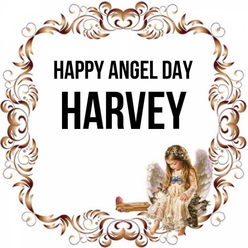 Greetings card с именем, Harvey happy angel day рамочка из перьев и ангелочек Greetings with text for free download 