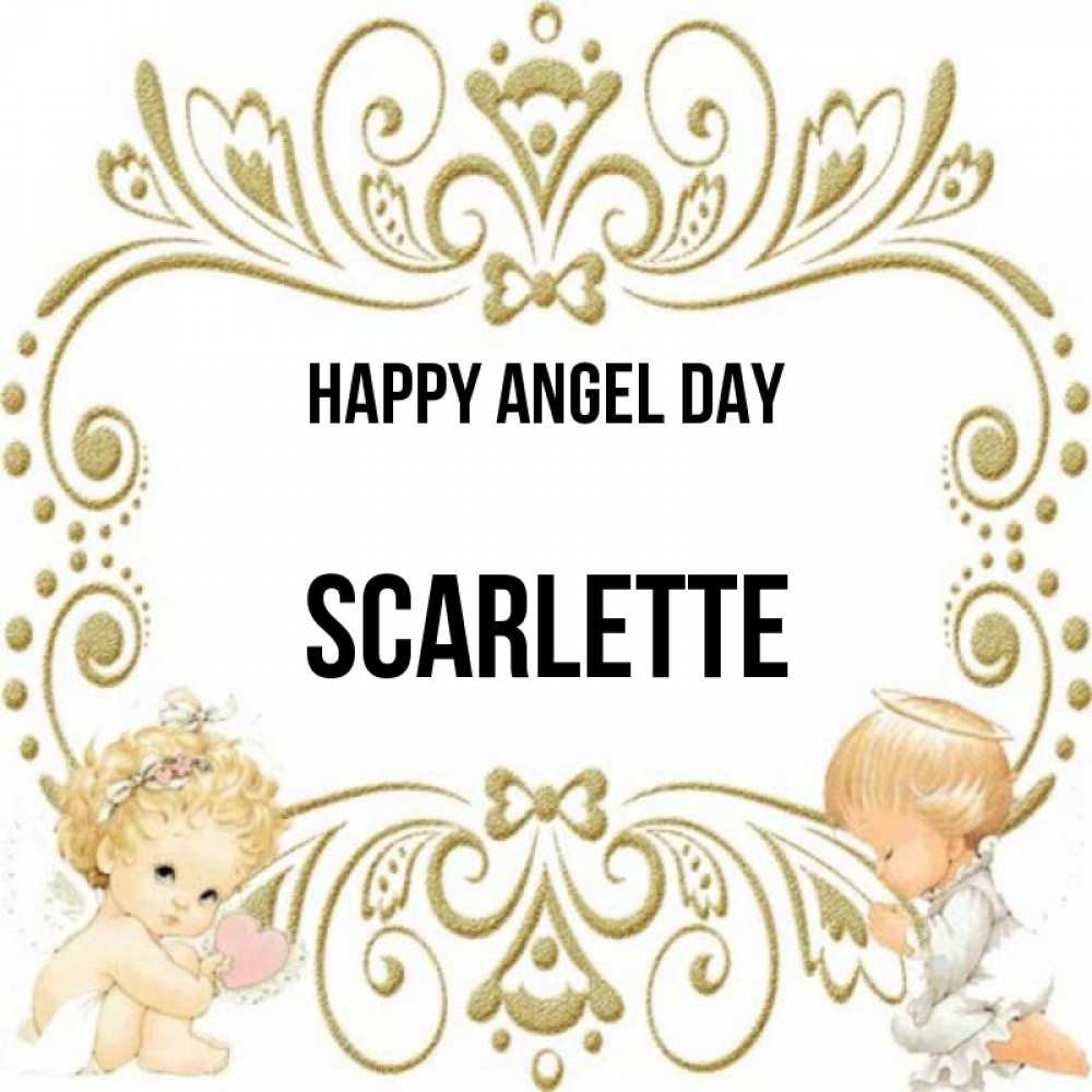Greetings card с именем, Scarlette happy angel day с именинами поздравляют два красивых ангела. Один с сердечком другой молится Greetings with text for free download 