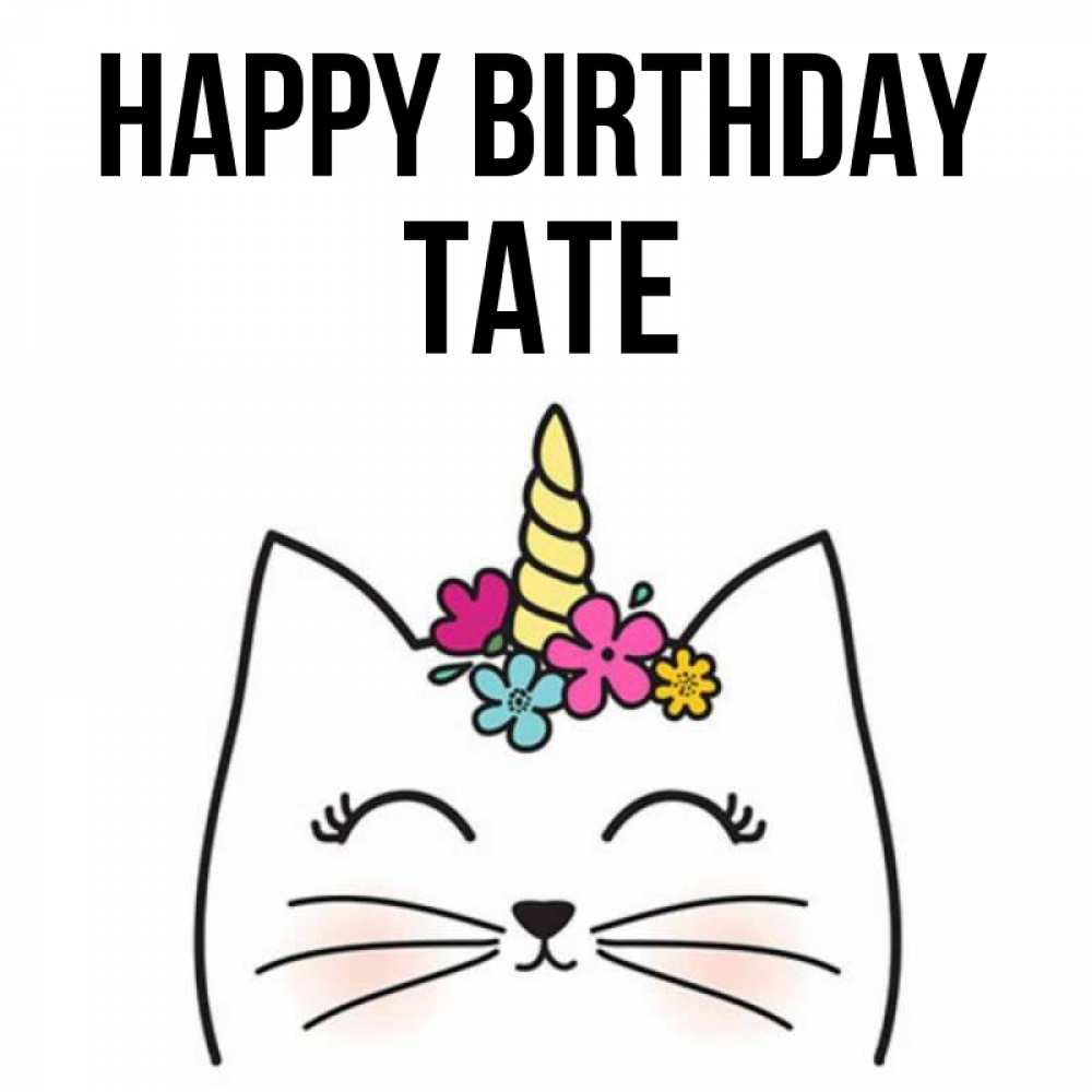 Greetings card с именем, Tate Happy Birthday милый кот с одним рожком Greetings with text for free download 