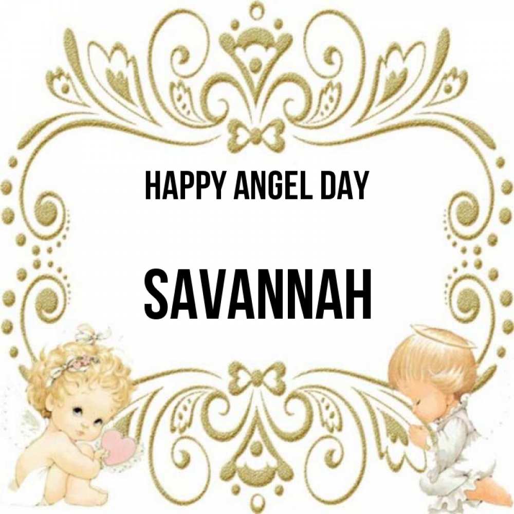 Greetings card с именем, Savannah happy angel day с именинами поздравляют два красивых ангела. Один с сердечком другой молится Greetings with text for free download 