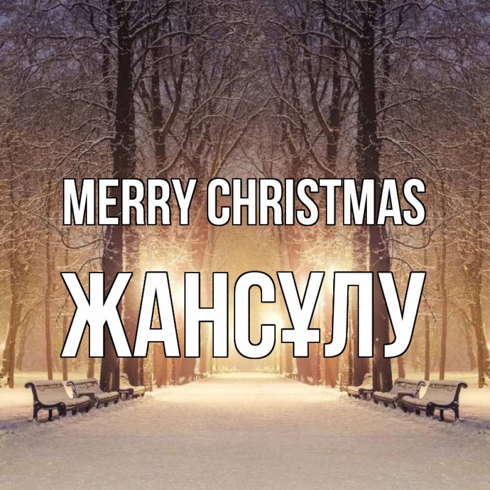 Greetings card с именем, Жансұлу Merry Christmas зима, парк, фонарь, лес Greetings with text for free download 