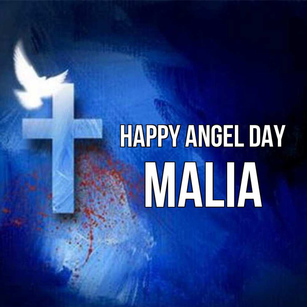 Greetings card с именем, Malia happy angel day Синий фон и птица Greetings with text for free download 